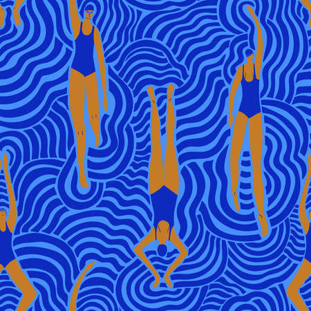 Colorful seamless pattern with swimmers. Swimming women in surreal waves. Creative fabric design, background or wallpaper.のイラスト素材