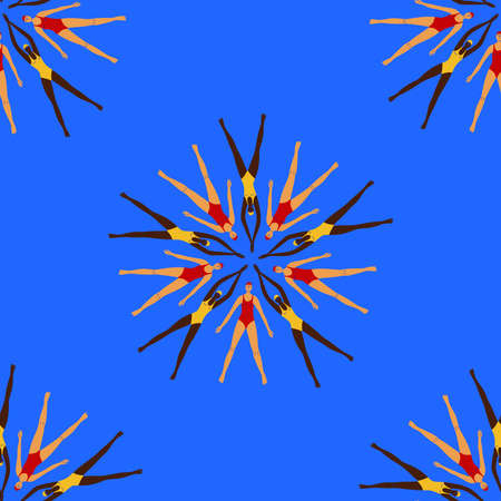 Bright colorful seamless pattern with swimmers. Women perform synchronized swimming. Fabric design, background or wallpaper.のイラスト素材