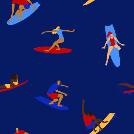 Colorful summer seamless pattern with surfers. Surfing men and women background or wallpaper.のイラスト素材