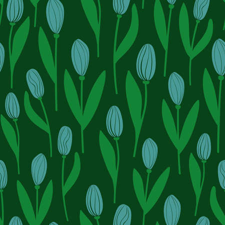 Floral seamless pattern. Rustic wallpaper with tulip flowers on a deep green background.のイラスト素材