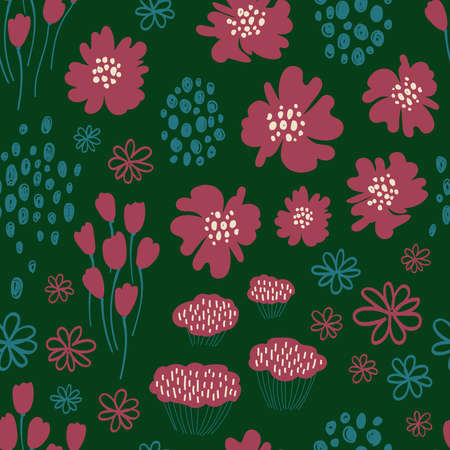 Floral seamless pattern. Rustic wildflowers wallpaper on a deep green background.のイラスト素材