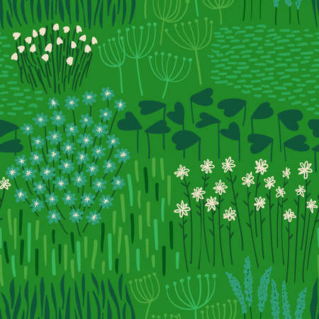 Floral seamless pattern. Rustic wildflowers wallpaper on a deep green background.のイラスト素材