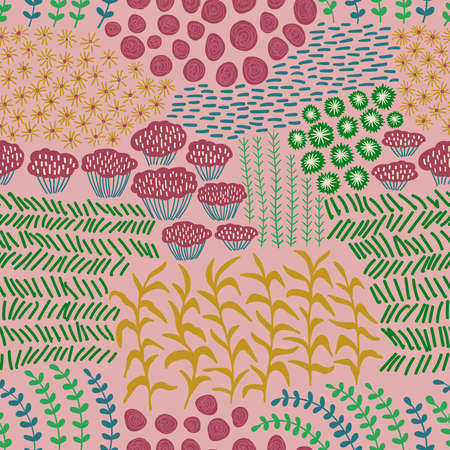 Bohemian floral seamless pattern. Rustic wallpaper with wildflowers, leaves and grass on a pink background.のイラスト素材