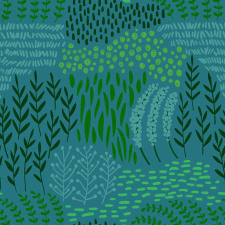Bohemian floral seamless pattern. Rustic wallpaper with wildflowers, leaves and grass on a deep blue background.のイラスト素材