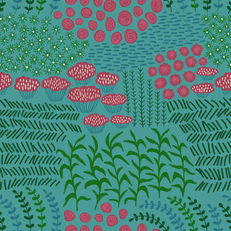 Bohemian floral seamless pattern. Rustic wallpaper with wildflowers, leaves and grass on a deep blue background.のイラスト素材