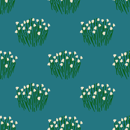 Cute floral seamless pattern. Rustic wallpaper with lily of the valley flowers on a blue background.のイラスト素材