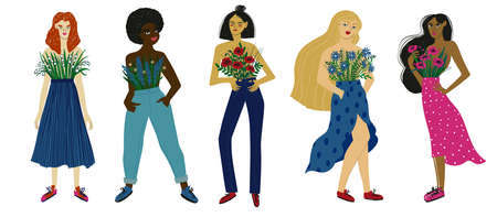 Women of different ethnicity with flowers isolated on a white background. Collection with plant ladies illustrations.のイラスト素材