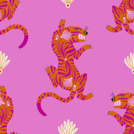 Trendy seamless pattern with folk art crawling tigers. Bohemian fabric design. Colorful exotic floral wallpaper or gift wrap.のイラスト素材