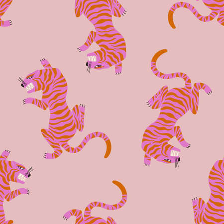 Trendy seamless pattern with crawling tigers. Funky fabric design. Colorful exotic wallpaper or gift wrap.のイラスト素材
