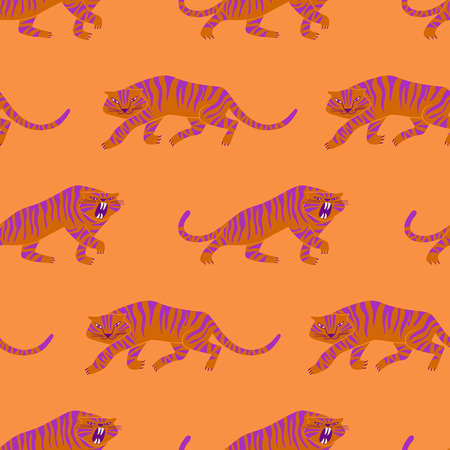 Trendy seamless pattern with crawling tigers. Funky fabric design. Colorful exotic wallpaper or gift wrap.のイラスト素材