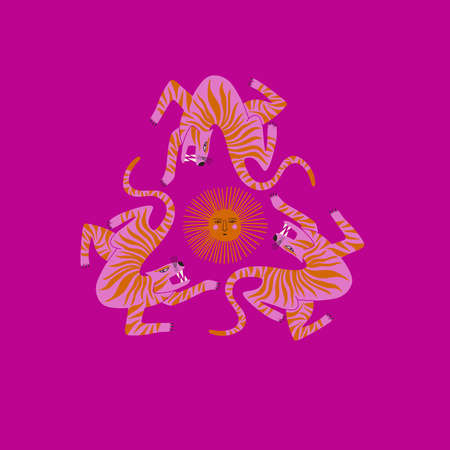 Trendy colorful illustration with tigers and the sun. Chinese New Year symbol. Card or poster with funky tigers.のイラスト素材