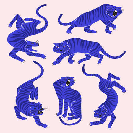Trendy collection of tiger illustrations. Chinese New Year symbol. Isolated funny tigers in different poses.のイラスト素材