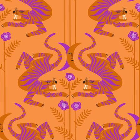 Trendy seamless pattern with folk art tigers. Bohemian fabric design. Colorful exotic floral wallpaper or gift wrap.のイラスト素材