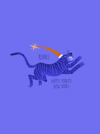 Greeting card with running and roaring blue tiger in santa's hat. Chinese New Year symbol.のイラスト素材
