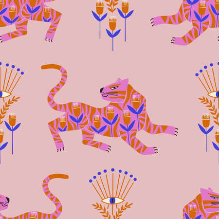 Trendy seamless pattern with folk art tigers and flowers. Bohemian fabric design. Colorful exotic floral wallpaper or gift wrap.のイラスト素材