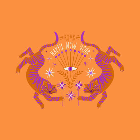 Greeting card with funky tigers. Chinese New Year symbol. Exotic bohemian illustration.のイラスト素材