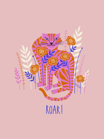 Folk art illustration with wild tiger and flowers. Chinese New Year symbol. Card or poster with floral decorated tiger.のイラスト素材