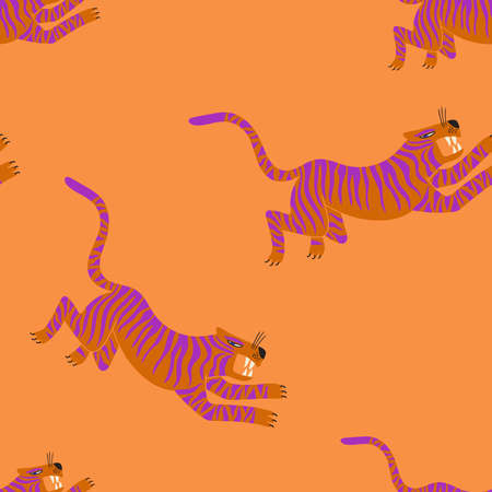 Trendy seamless pattern with running tigers. Funky fabric design. Colorful exotic wallpaper or gift wrap.のイラスト素材