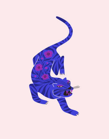 Folk art illustration with isolated wild tiger. Chinese New Year symbol. Card or poster with floral decorated tiger.のイラスト素材