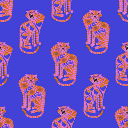Trendy seamless pattern with folk art tigers. Bohemian fabric design. Colorful exotic floral wallpaper or gift wrap.のイラスト素材
