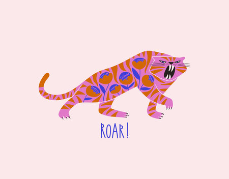 Folk art illustration with isolated wild tiger. Chinese New Year symbol. Card or poster with floral decorated tiger.のイラスト素材