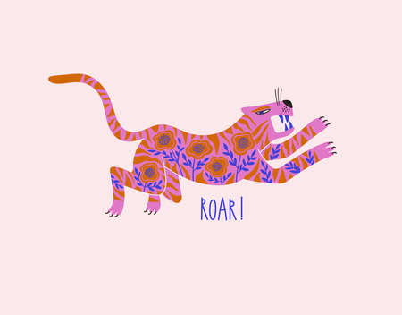Folk art illustration with isolated wild tiger. Chinese New Year symbol. Card or poster with floral decorated tiger.のイラスト素材