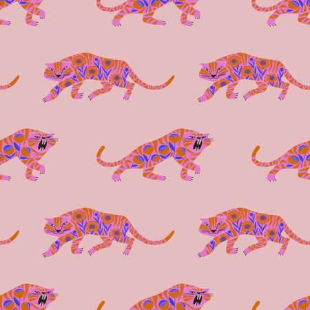 Trendy seamless pattern with folk art crawling tigers. Bohemian fabric design. Colorful exotic floral wallpaper or gift wrap.のイラスト素材