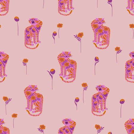 Trendy seamless pattern with folk art tigers. Bohemian fabric design. Colorful exotic floral wallpaper or gift wrap.のイラスト素材