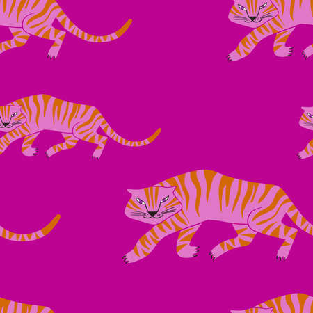 Trendy seamless pattern with crawling tigers. Funky fabric design. Colorful exotic wallpaper or gift wrap.のイラスト素材