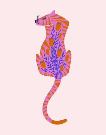 Folk art illustration with isolated tiger and flowers. Chinese New Year symbol. Card or poster with floral decorated tiger.のイラスト素材