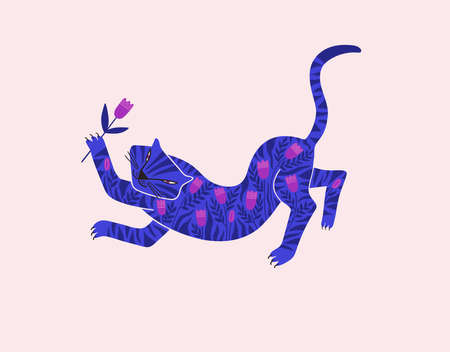 Folk art illustration with wild tiger and flowers. Chinese New Year symbol. Card or poster with floral decorated tiger.のイラスト素材