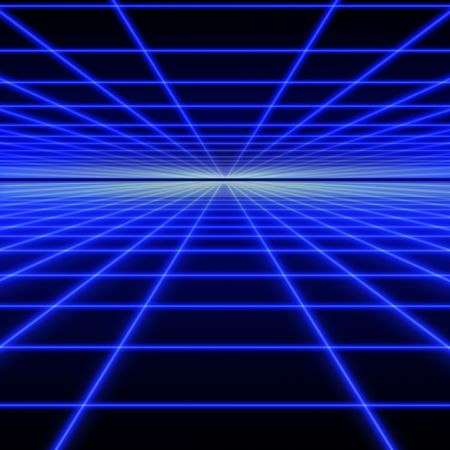 Perspective grid of blue luminous rays on black background  