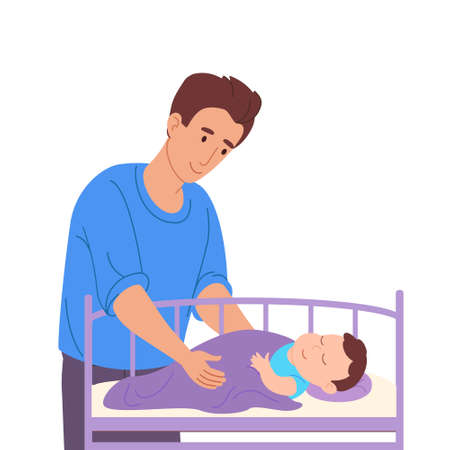 Dad puts the newborn to sleep.The father covers the child with a blanket in the crib.Vector illustration in flat style isolated,white background.Dad stay home.A chubby baby under a blanket in a cradleのイラスト素材