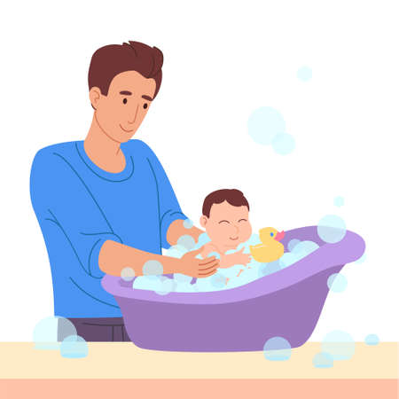 Vector illustration in a flat style. Father bathes a small child. The kid has fun in the bath with a duck and foam, soap bubbles. Dad stay home and take care of the newborn baby.Guy on maternity leaveのイラスト素材