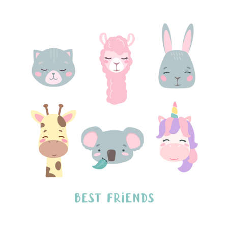 Set of vector animals in cartoon style. Cute smiley unicorn, bunny, llama, cat, giraffe and koala faces, isolated on white background with the signature Best friends. Delicate pastel colors for babiesのイラスト素材