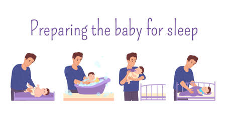 Dad prepares baby for bed:changes the diaper for the baby,bathes in the bathtub with foam and duck,feeds it from the bottle and puts it in the bed.Dad on maternity leave takes care of newborn. Vectorのイラスト素材
