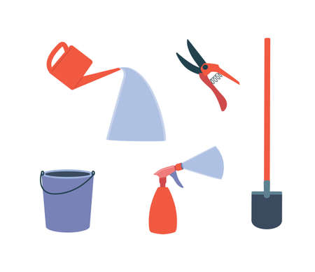 Vector set of garden tools. Shovel, bucket, watering can, sprayer, water, pruning shears. Orange and blue color isolated on a white background.のイラスト素材