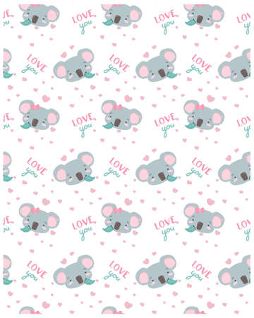 Seamless pattern with cute koala bears. Animal vector background. Lovely koala family theme for kids. Wallpaper pattern textile Valentines Day. Inscription lettering Love you. Gray and pinkのイラスト素材