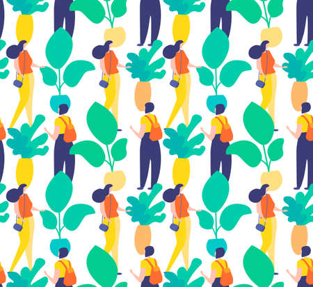 Two young beautiful girls among the plants. Girlfriends chatting in the greenhouse. Pattern,...