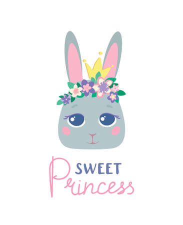 Cute childrens poster. Bunny in floral wreath and princess crown,beautiful lettering phrase. Cartoon sketch animal. Vector illustration rabbit, unique design for cards, posters, t shirts, invitationsのイラスト素材