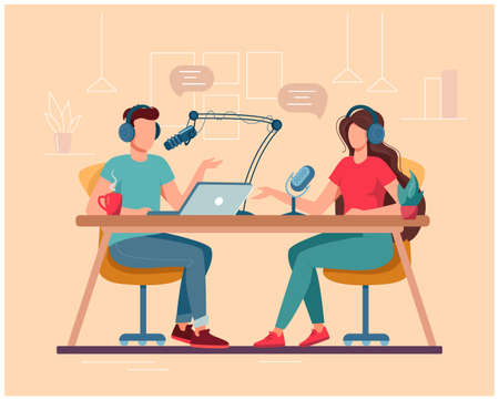 Man and woman are DJs on the radio. Concept of podcasting, radio station, interview. Podcast presenters with a microphone talking live in studio. Vector flat illustration isolated on beige backgroundのイラスト素材
