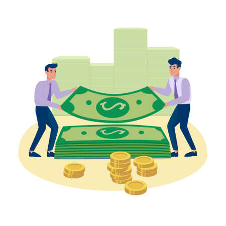 The work of the banking system. Employees men make cumulative operations with money. Airbag, Vector flat style, isolated. Bank vault with a cash supply of money, green banknotes and gold mann.のイラスト素材