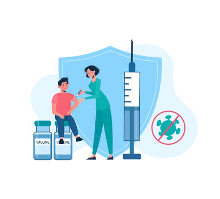 A nurse administers a vaccine to a child, the background is a shield. Vaccination of children from coronavirus COVID-19, from HPV, from poliomyelitis. Diseases, health care, injections. Vector, flatのイラスト素材