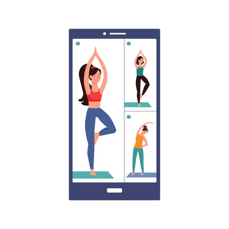 Workouts online, yoga, vrksasana vector. Phone with training online. Girls are engaged in yoga on the mat through a video conference. During quarantine, people play sports at home. Fitness with gadgetのイラスト素材