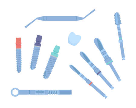 Dental tools for dental implants. Medical metal and titanium. Vector illustration, in a flat style. Poster to the clinic, image for instructions for dentists, training books. Isolated on white.のイラスト素材