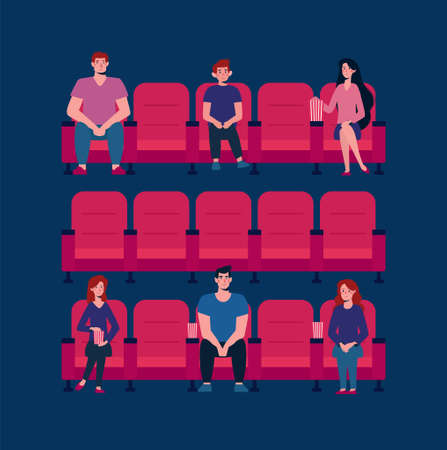 Social distance in the cinema. Vector flat. There are few people in the Cinema Hall, virus protection. People keep their distance, sit through one chair, safe. Girls and men watch a movie, eat popcornのイラスト素材