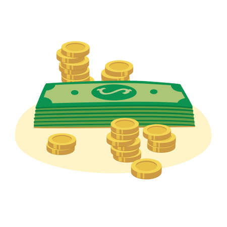 Vector illustration of cash. Dollars and gold coins in piles. The financial accumulation of people, banks, bills, capital. Green banknotes, flat style isolated on white backgroundのイラスト素材