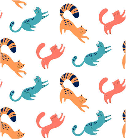 Texture of vector kittens. Funny prints with animals for textiles, t-shirts, posters. Seamless pattern with cats, hand-drawn. Cute faces, mustache, paws, stripes on a white backgroundのイラスト素材