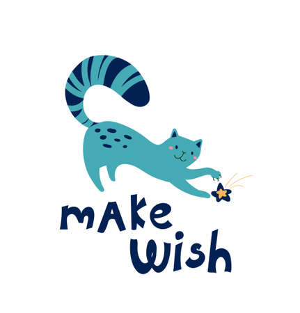 Fashionable illustration plays a paw with a star. Cute poster hand-drawn cat and lettering Make wish. Vector drawing of a relaxing kitten for print, textile, t-shirts, cards, stickers, posters.のイラスト素材