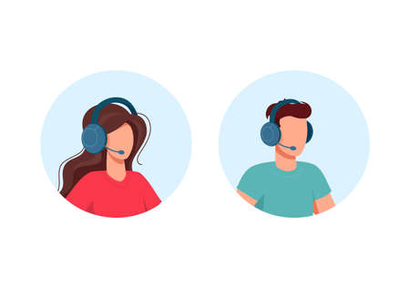 Icons of support specialist, call center employee, man and woman. Vector flat iconography isolated on white background.のイラスト素材